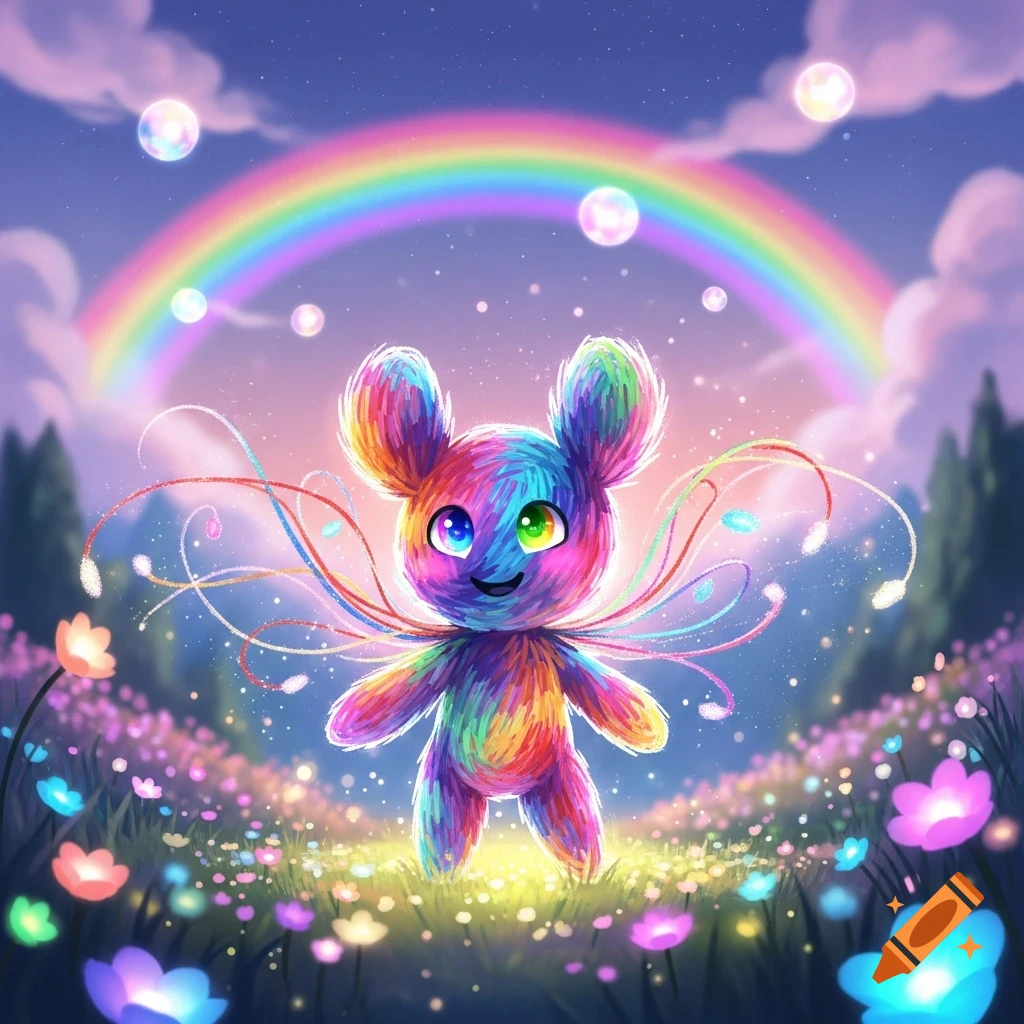 A vibrant rainbow-colored fluffy creature stands in a glowing field of flowers under a starry sky with a rainbow and bubbles.