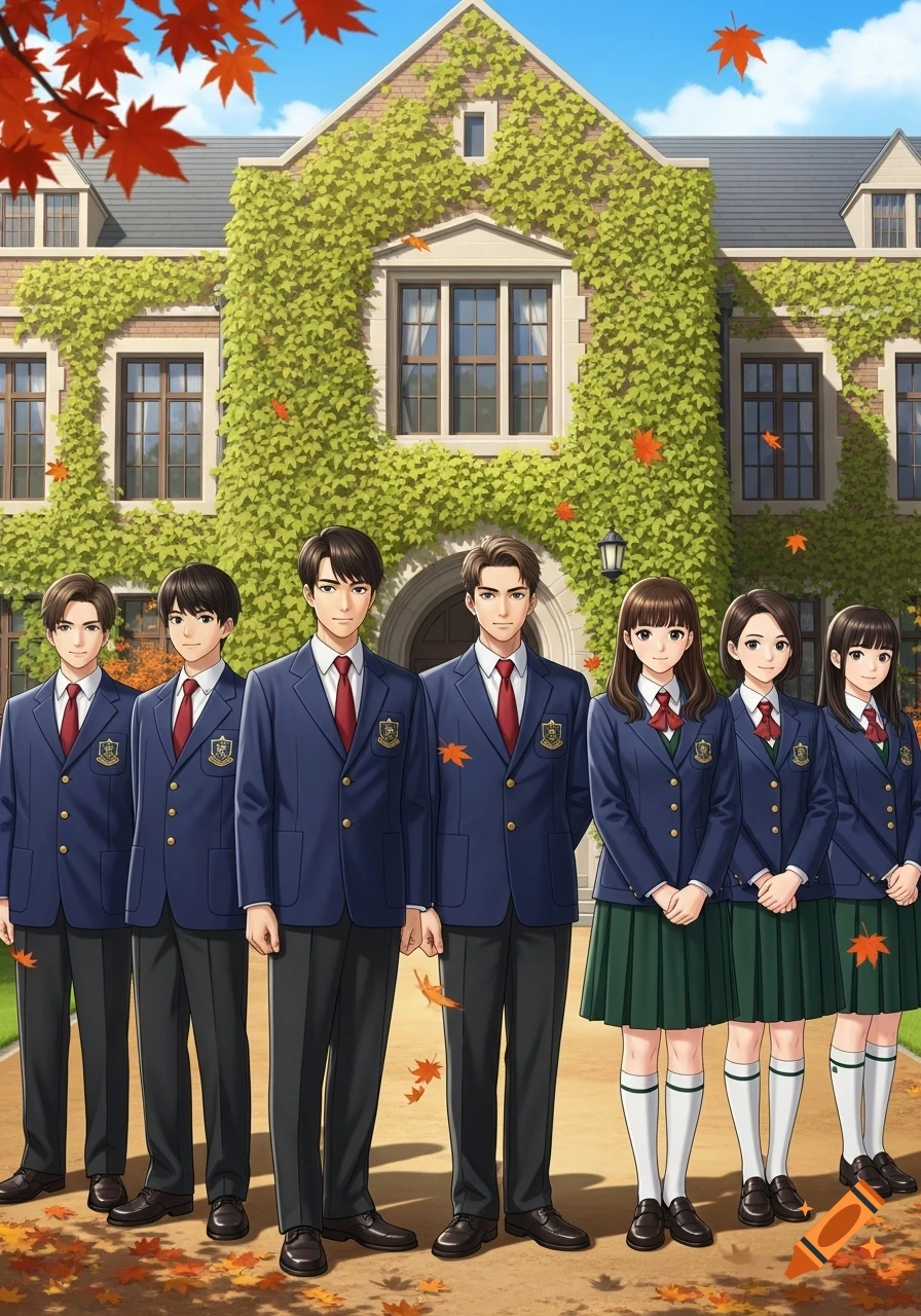 Anime-style students in school uniforms stand in front of an ivy-covered school building in autumn.