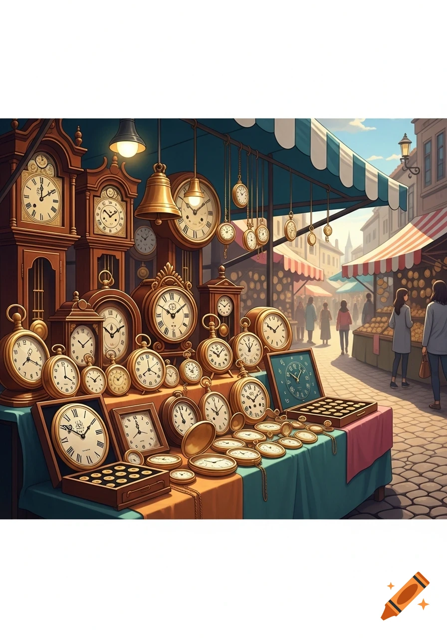 An outdoor market stall filled with a large collection of various antique clocks, pocket watches, and grandfather clocks. People are walking in the background.