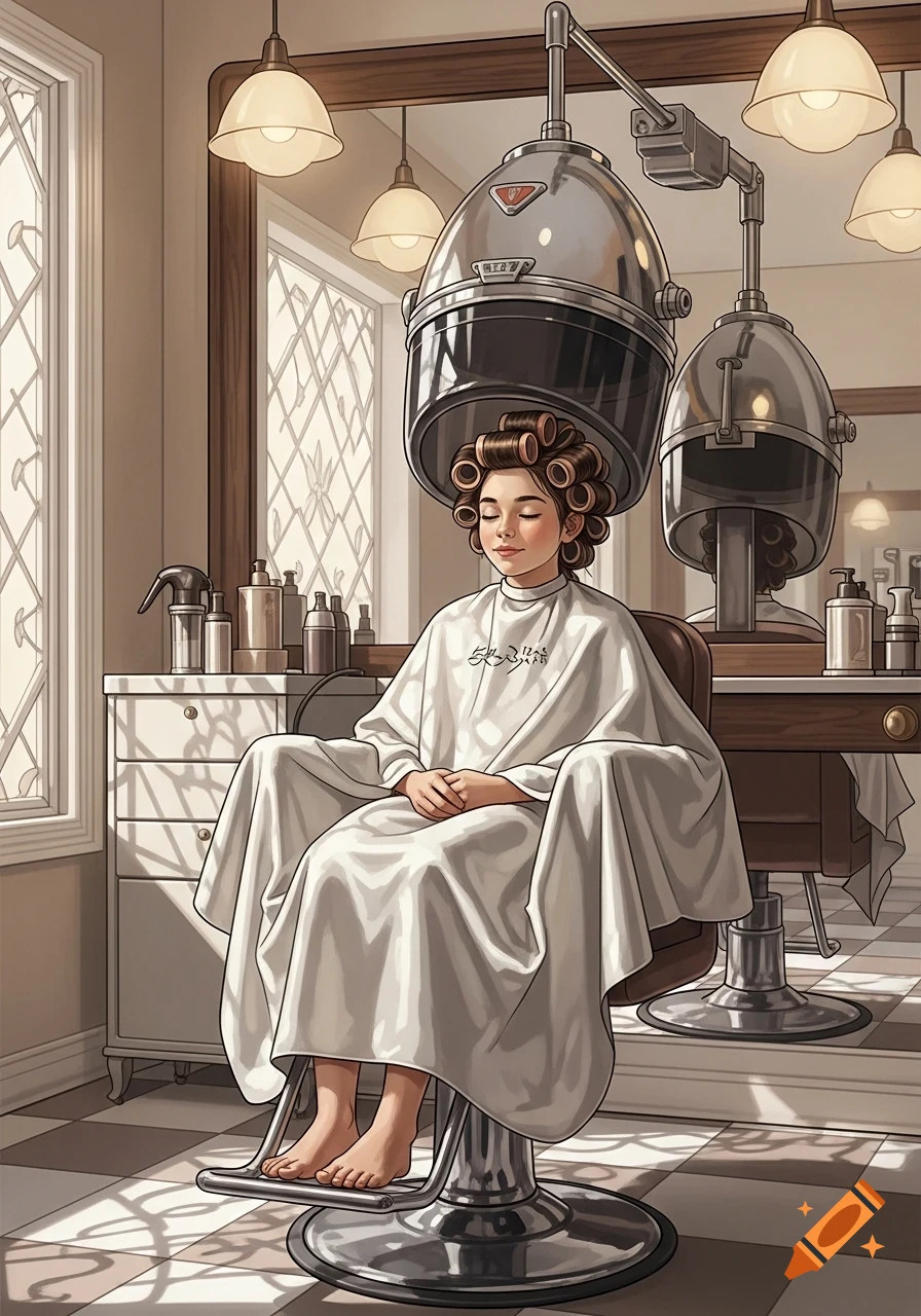 Illustration of a girl with curlers under a hair dryer in a vintage salon, wearing a white cape.