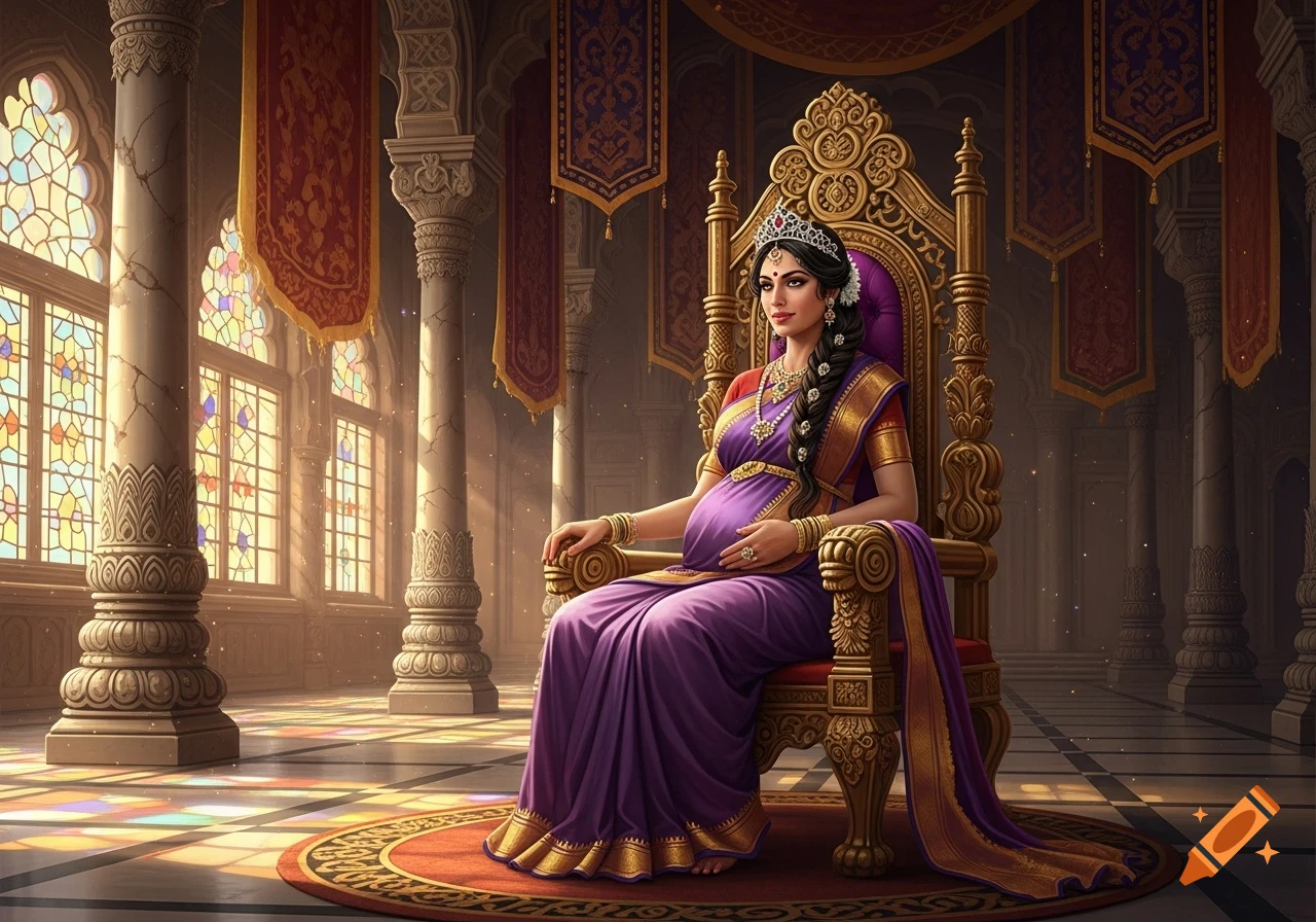 A pregnant Indian queen in a purple sari sits regally on a golden throne in a sunlit palace hall with stained glass windows.