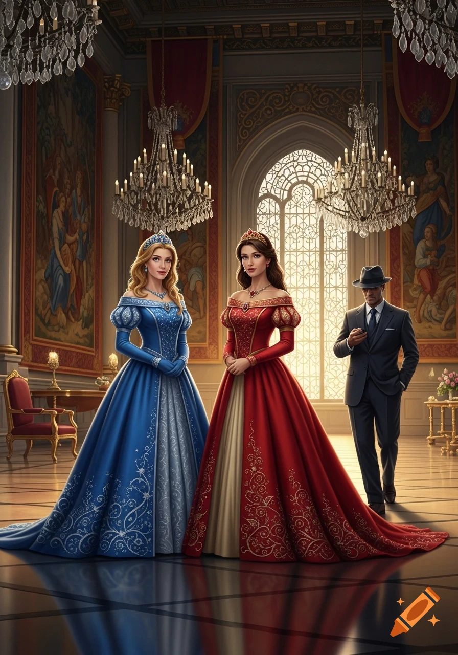 Two women in elaborate blue and red gowns and a man in a suit stand in a grand hall with chandeliers, digital art.