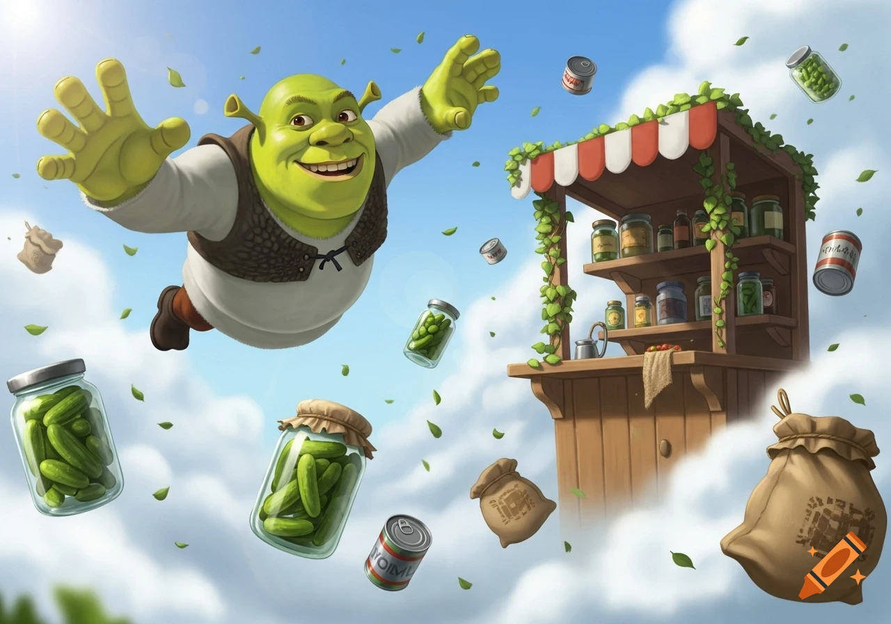 Shrek, a green ogre, flies smiling in a blue sky among floating jars of pickles, cans, sacks, and a rustic pantry shelf.