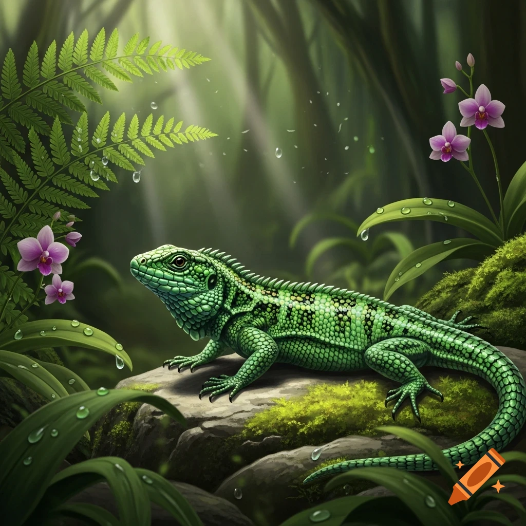 A vibrant green lizard with intricate scales rests on a mossy rock in a lush, dewy jungle with purple orchids.