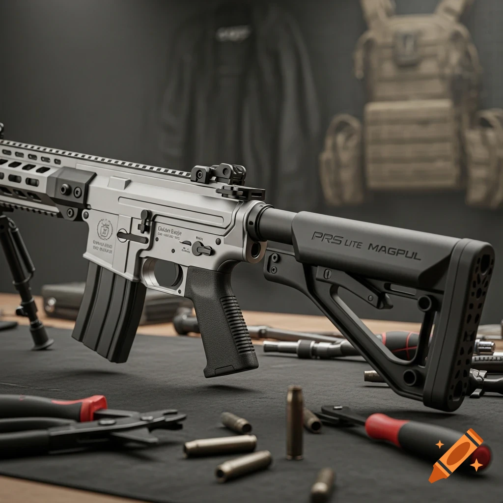 A photorealistic image of a silver and black airsoft rifle with tactical gear and tools on a dark surface.
