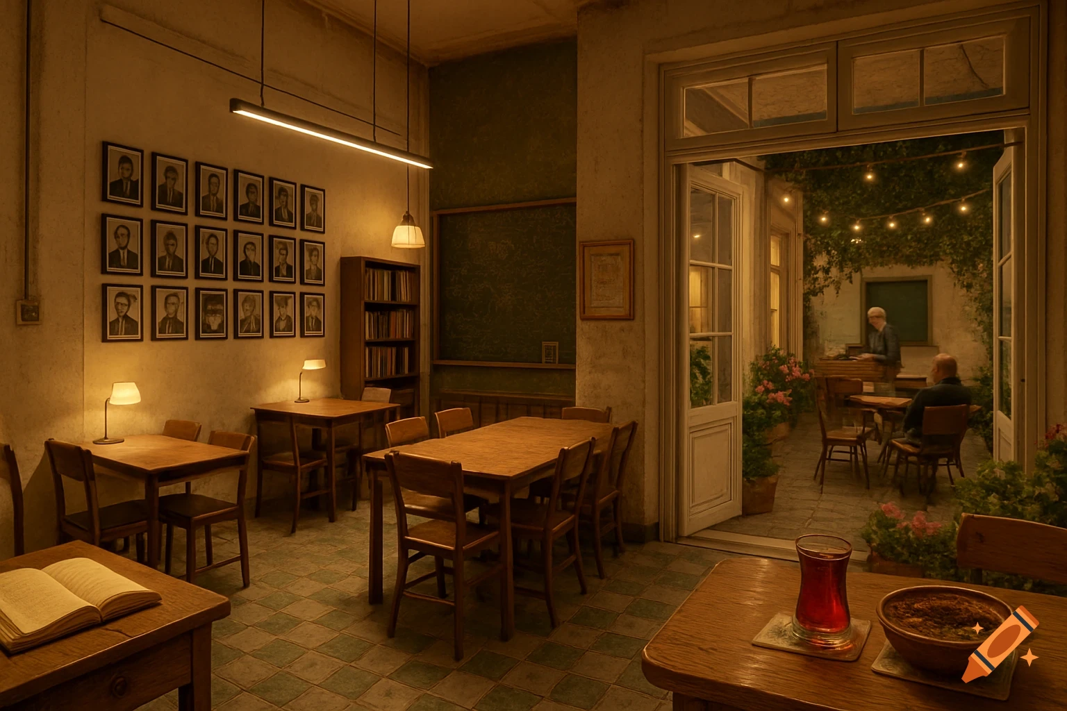 An atmospheric old house cafe with wooden tables, chairs, and an open book, looking out onto a plant-filled courtyard at dusk.