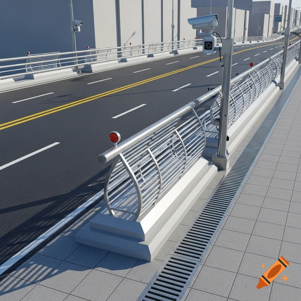 A modern bridge or overpass with a smooth road, pedestrian walkway, sleek metal railings, and surveillance cameras.