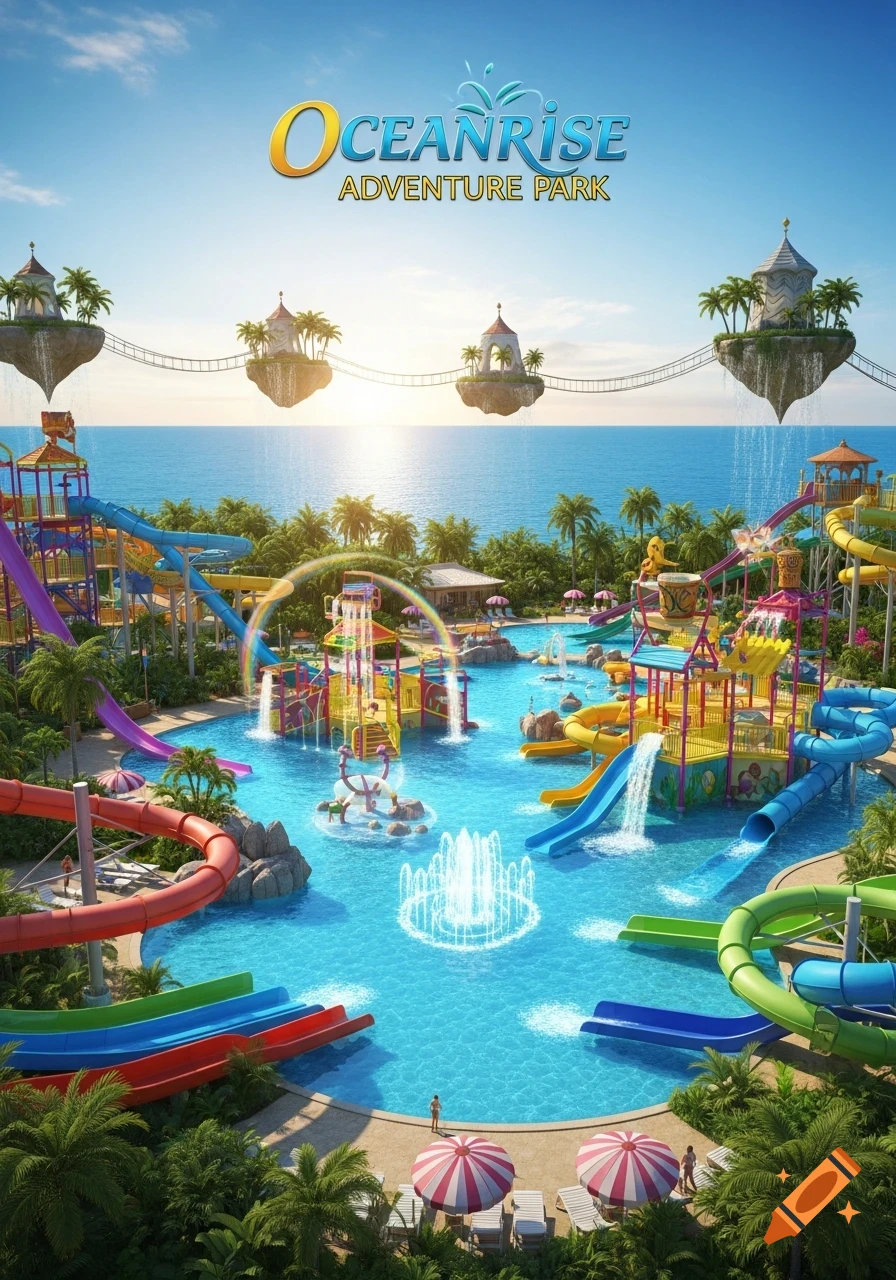 Vibrant aerial view of Oceanrise Adventure Park with colorful water slides, pools, fountains, and fantasy floating islands over a tropical ocean.