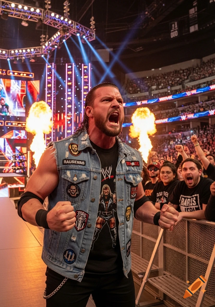 A man with a denim vest, t-shirt, and beard shouts passionately at a wrestling event with a crowd and pyrotechnics.