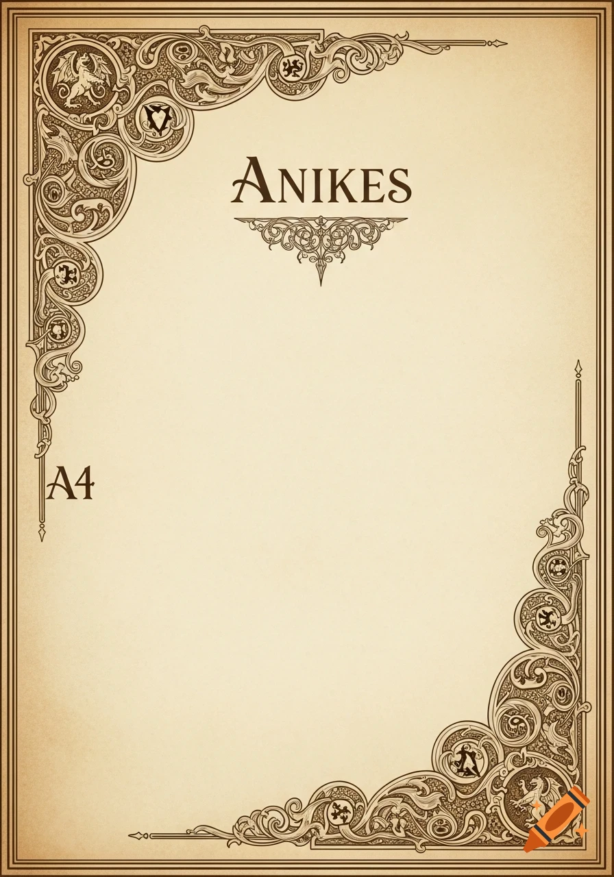 Beige page with ornate medieval-style borders and corner embellishments, featuring "ANIKES" at the top and "A4" on the left.