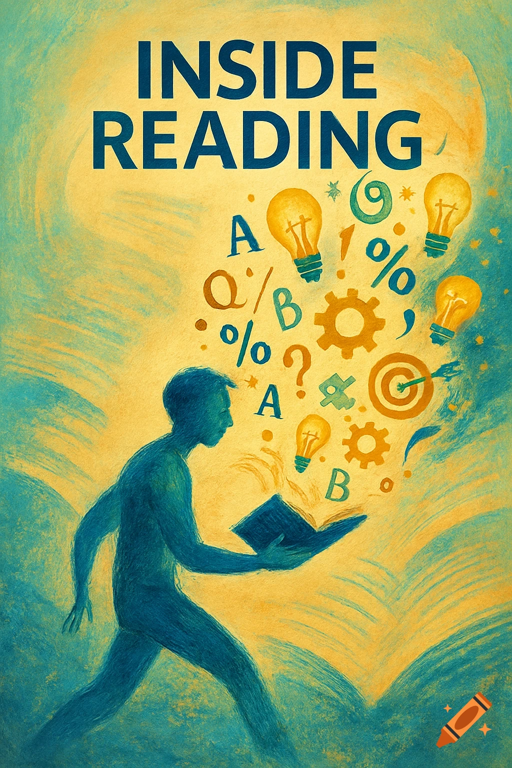 An artistic illustration of a person reading a book, with letters, lightbulbs, and gears floating from it, set against a blue and gold textured background.