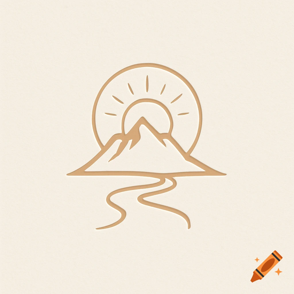 A minimalist logo featuring a light brown outline of a mountain, a sun with rays, and a winding river below, all on a cream background.