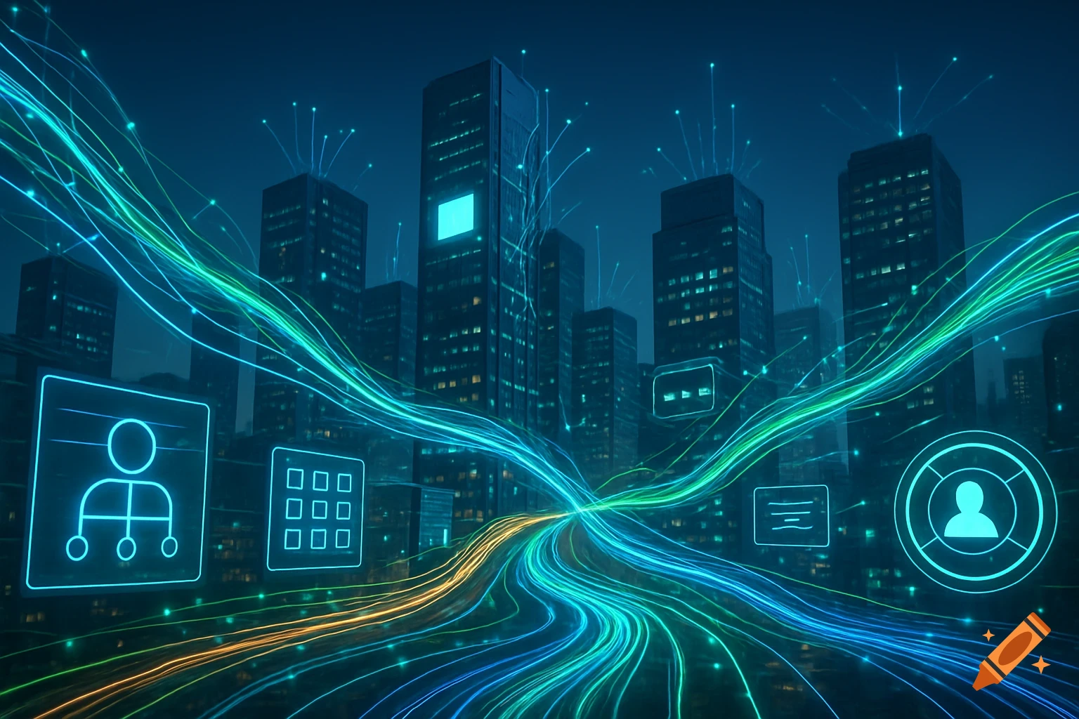 A futuristic cityscape at night with glowing blue, green, and orange data streams flowing between buildings and abstract communication icons.