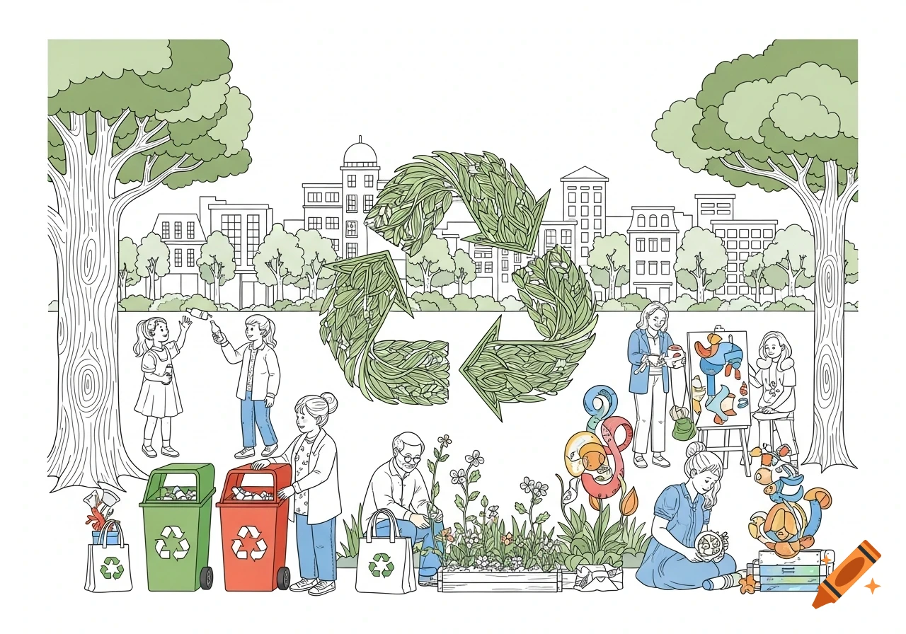A line art illustration of a green recycling symbol made of leaves, surrounded by people recycling, planting, and creating art from recycled materials in a park with a cityscape background.