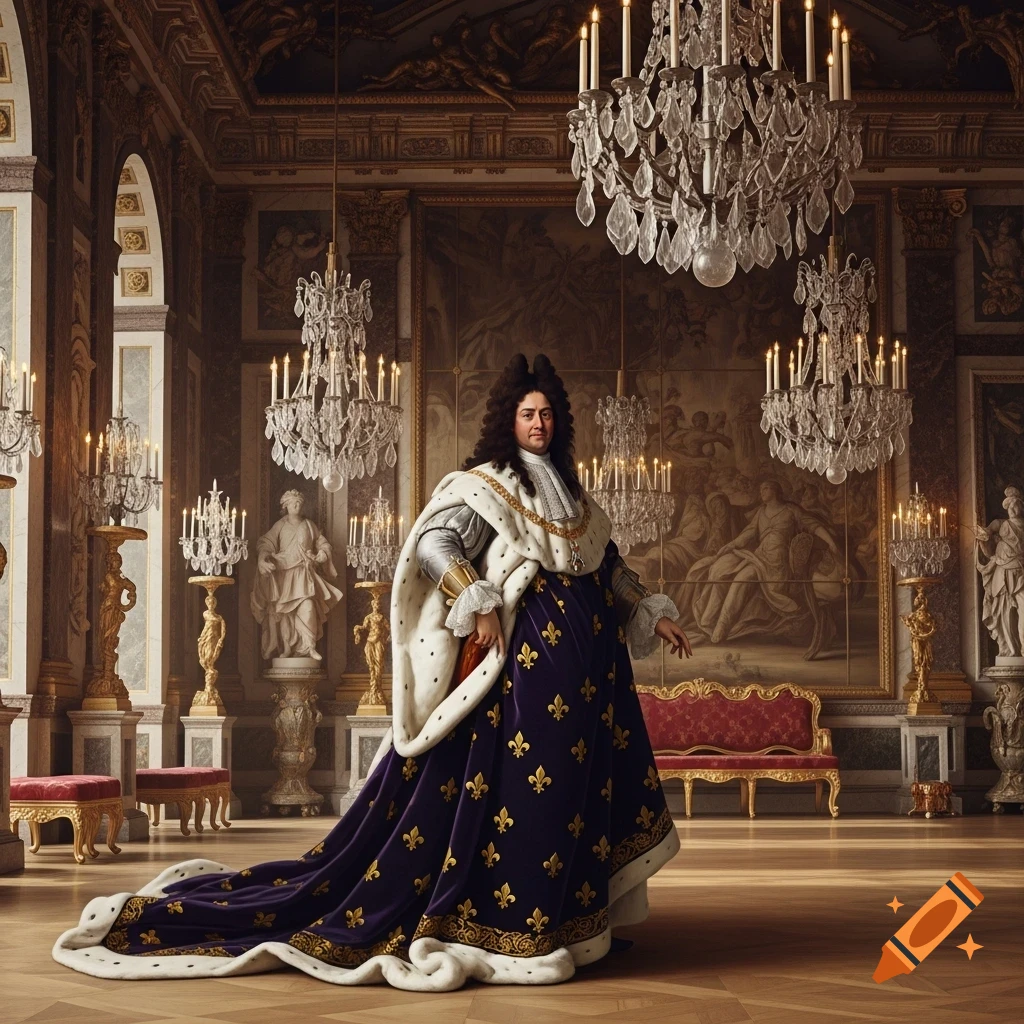 A man in an ornate purple and white royal robe with golden fleur-de-lis stands in a lavish palace hall filled with chandeliers.