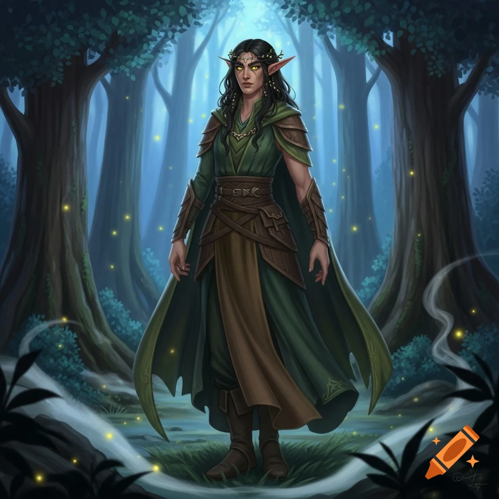 A dark-haired elf with glowing yellow eyes stands in a magical forest with fireflies, wearing green and brown attire.