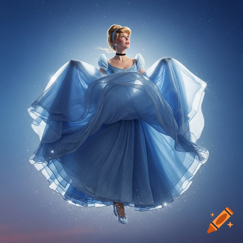 Cinderella in her sparkling blue gown, gracefully floating against a starry blue background.