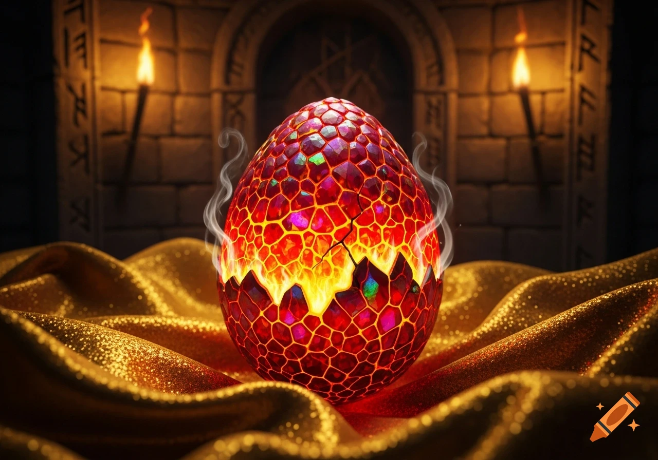 A red, cracked dragon egg glows with fire and smoke, resting on golden, glittery fabric in a stone chamber with torches.