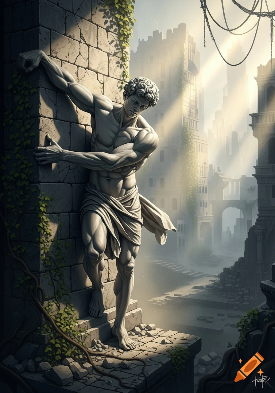 A muscular classical male statue leans against an ivy-covered crumbling wall, with sunlit ancient ruins in a misty background.