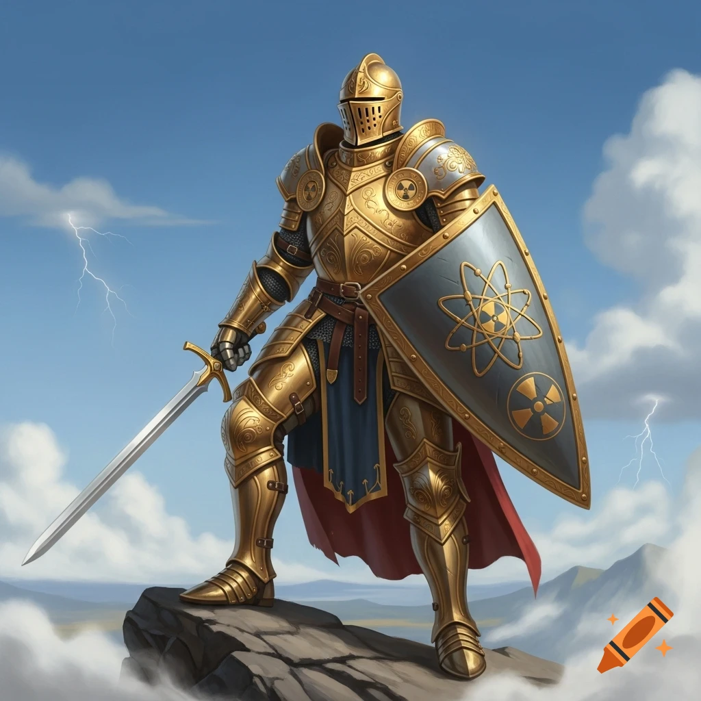 A golden armored knight stands on a rocky peak, holding a sword and a shield bearing atom and radiation symbols under a lightning-streaked sky.