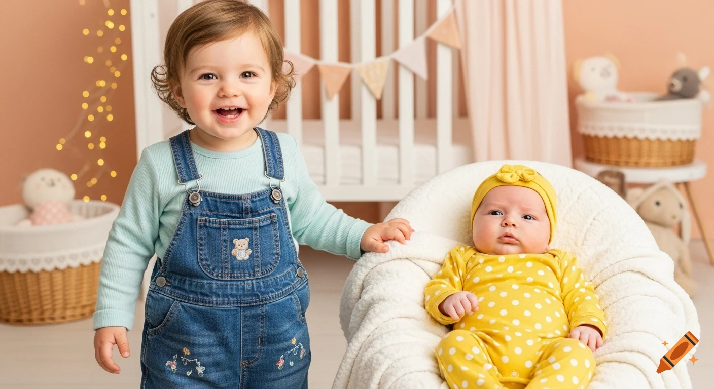 A smiling toddler in denim overalls stands next to a baby in a yellow polka dot outfit sitting in a soft chair, in a nursery.