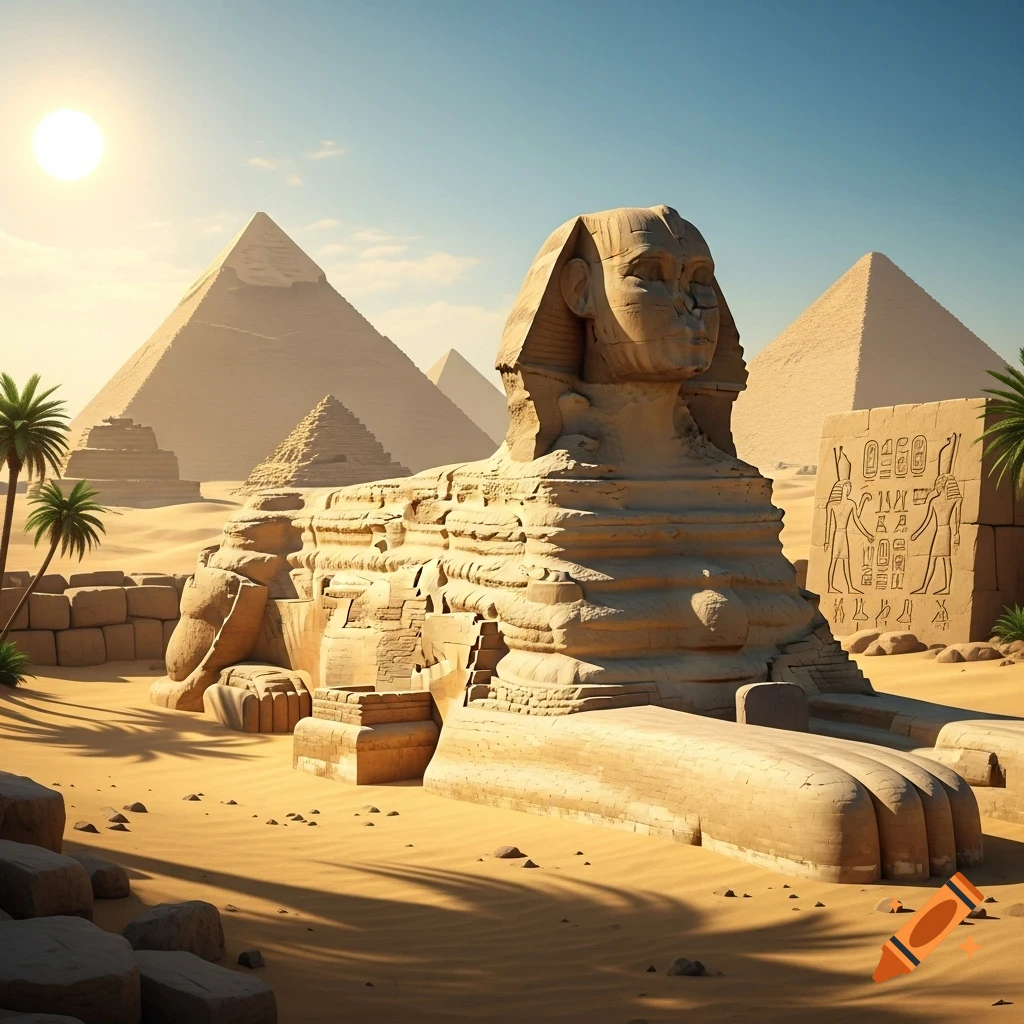 The Great Sphinx of Giza monument in a desert landscape with several ancient Egyptian pyramids under a bright sun.