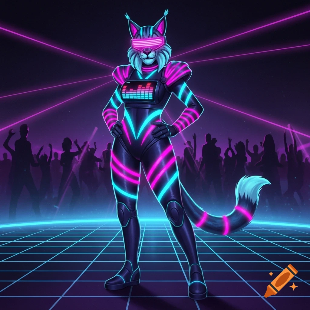 A humanoid neon lynx with pink and blue stripes, an LED visor, and chest equalizer, poses on a glowing grid floor in a futuristic club.