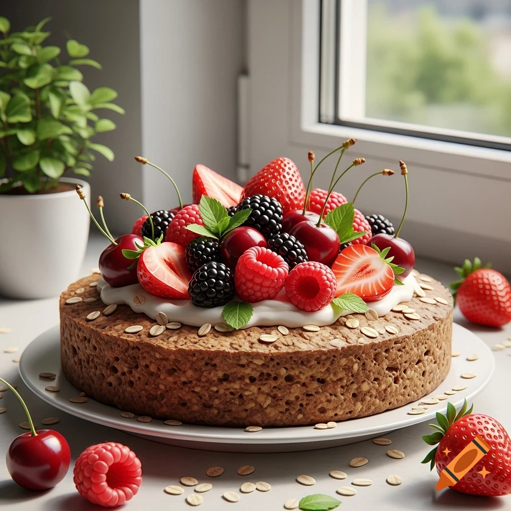 A delicious-looking oat cake topped with whipped cream, strawberries, raspberries, blackberries, and cherries, with oats scattered around.