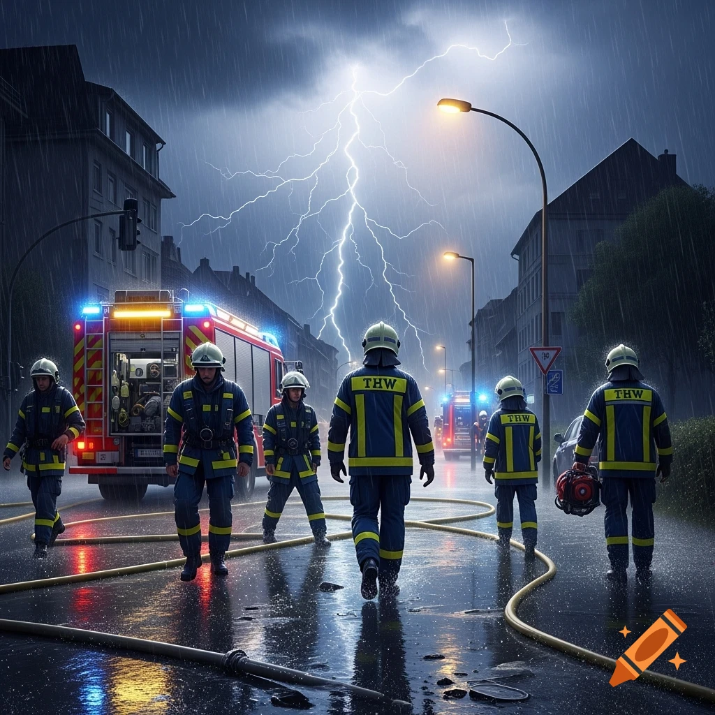THW emergency personnel in yellow and blue uniforms walk on a rain-slicked city street with a fire truck and lightning in the stormy sky.