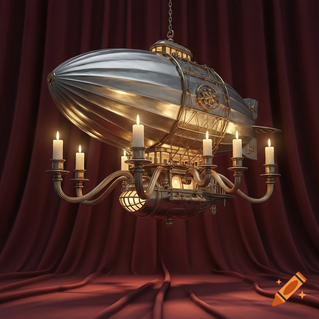 A detailed steampunk-style chandelier resembling a silver zeppelin with brass accents, lit candles, against a draped red velvet background.