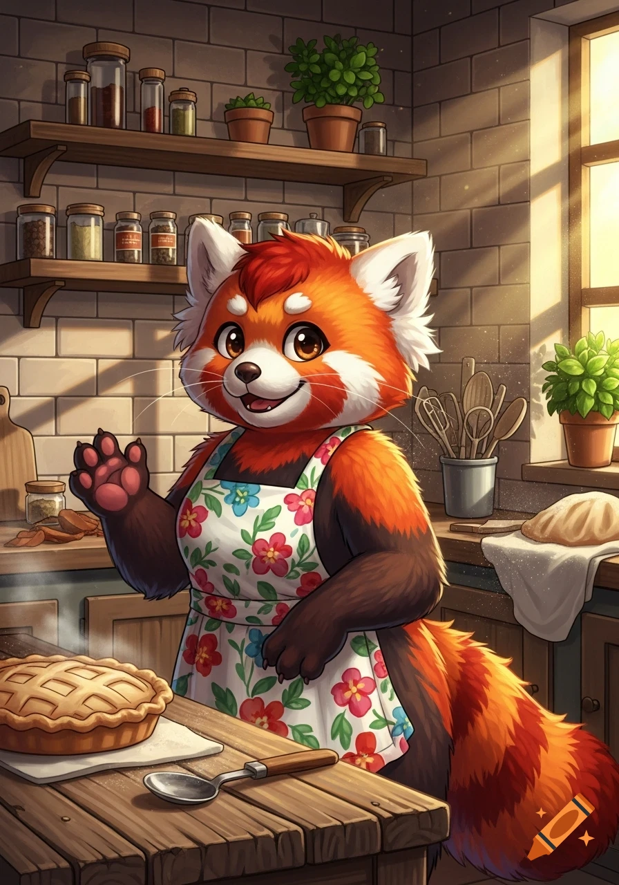 A cheerful cartoon red panda in a floral apron waves in a cozy kitchen with a baked pie on a wooden table.