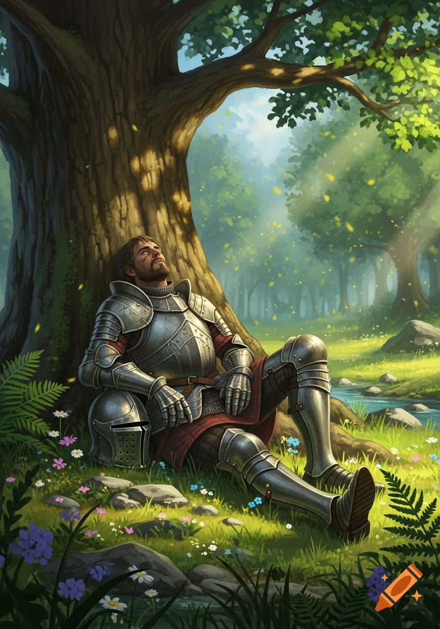 A tired knight in full armor rests against a large tree in a sun-dappled fantasy forest with wildflowers and a stream.
