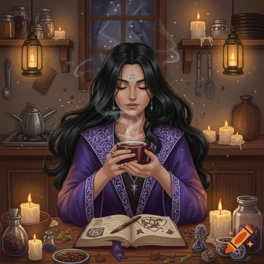 A dark-haired witch in a purple robe holds a steaming mug, surrounded by candles and an open spell book in a cozy, dimly lit room.