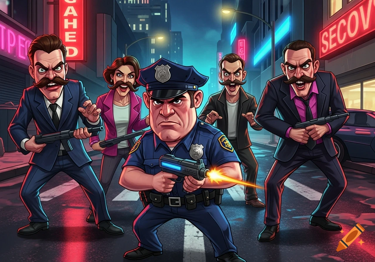 A cartoon police officer aims a laser gun at four menacing, mustachioed figures holding firearms on a dark city street with neon lights.