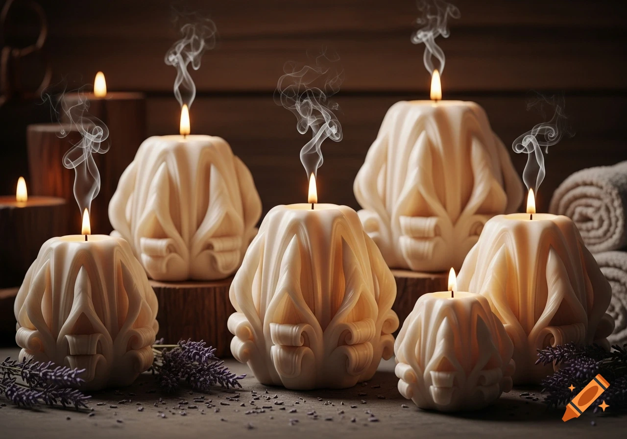 Multiple ornate white candles with flickering flames and rising smoke, surrounded by lavender sprigs and rolled towels, on a dark surface.