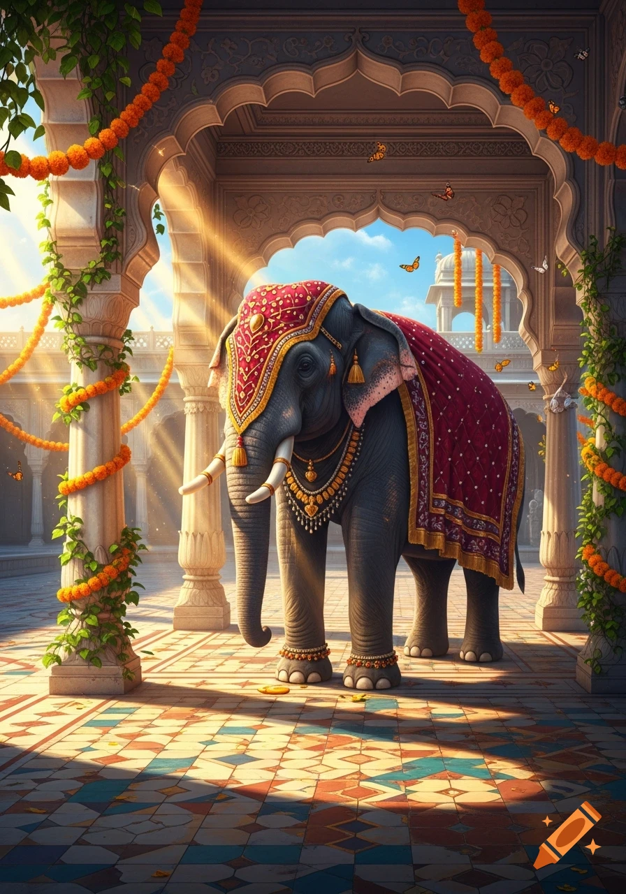 A beautifully decorated elephant stands under an ornate Indian archway adorned with marigold garlands in sunlight.