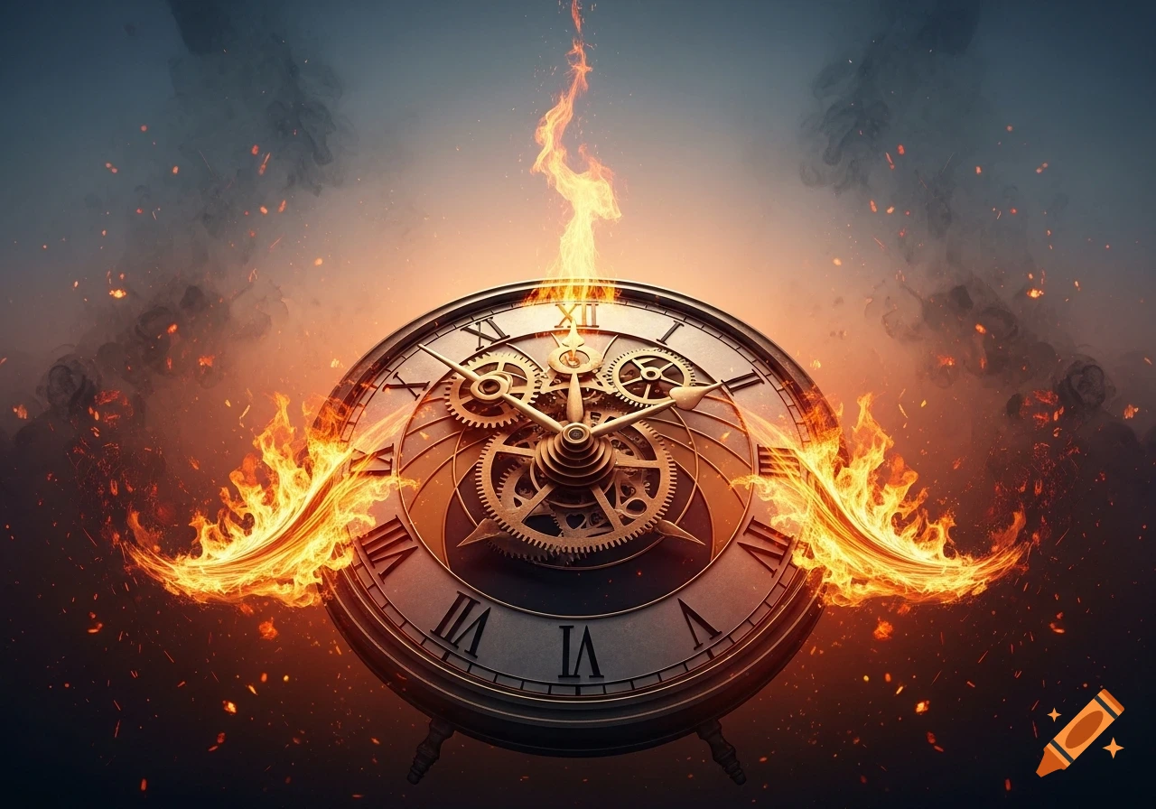 A detailed clock with intricate gears ablaze with orange and yellow flames, surrounded by smoke against a dark background.