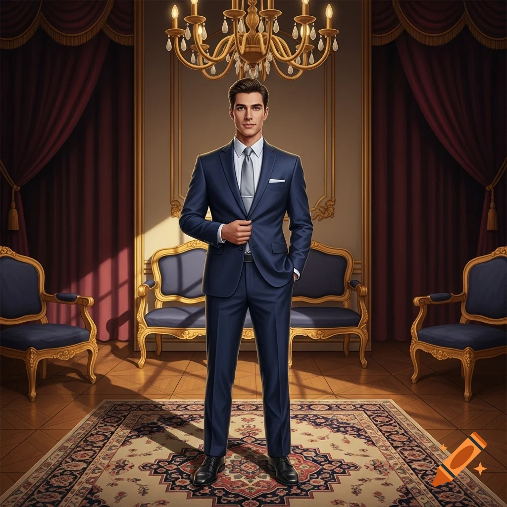 An illustrated man in a dark blue suit and a light tie stands in a luxurious room with ornate gold furniture and red curtains.