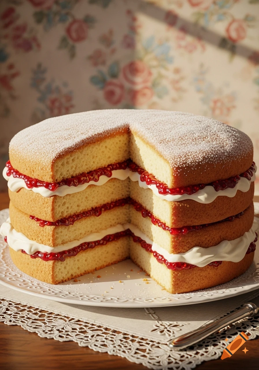 A photorealistic Victorian sponge cake with a slice removed, showing layers of sponge, jam, and cream, dusted with powdered sugar.