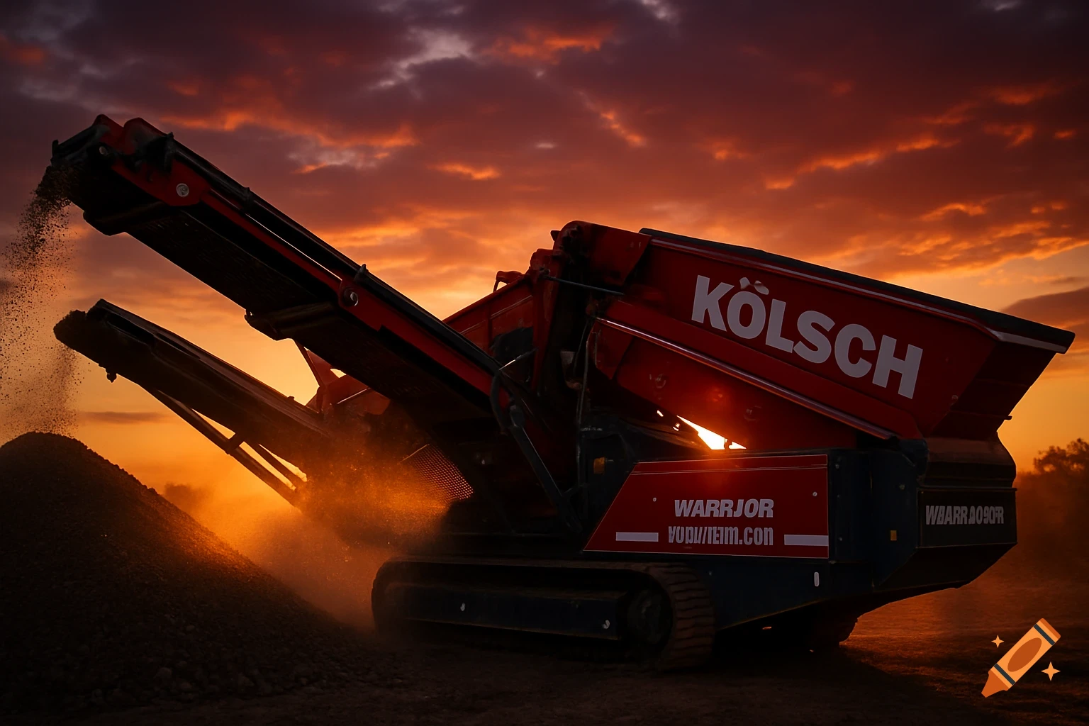 A red crushing machine, possibly a Powerscreen Warrior, operates at sunset, sifting material into a pile with dust particles illuminated by the warm light.