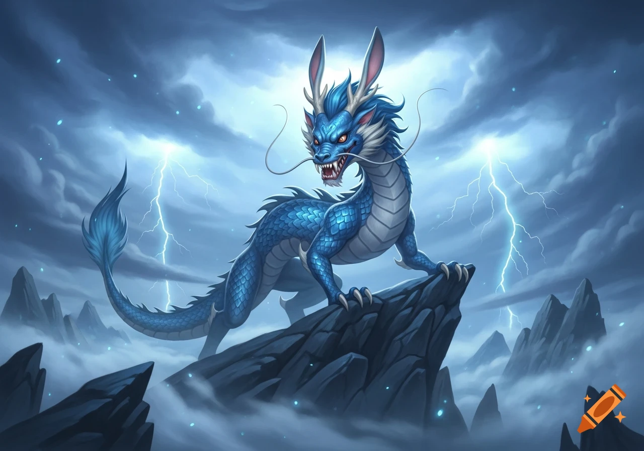 A blue scaled dragon with rabbit-like ears and sharp teeth stands on a dark rock, surrounded by stormy clouds and lightning.