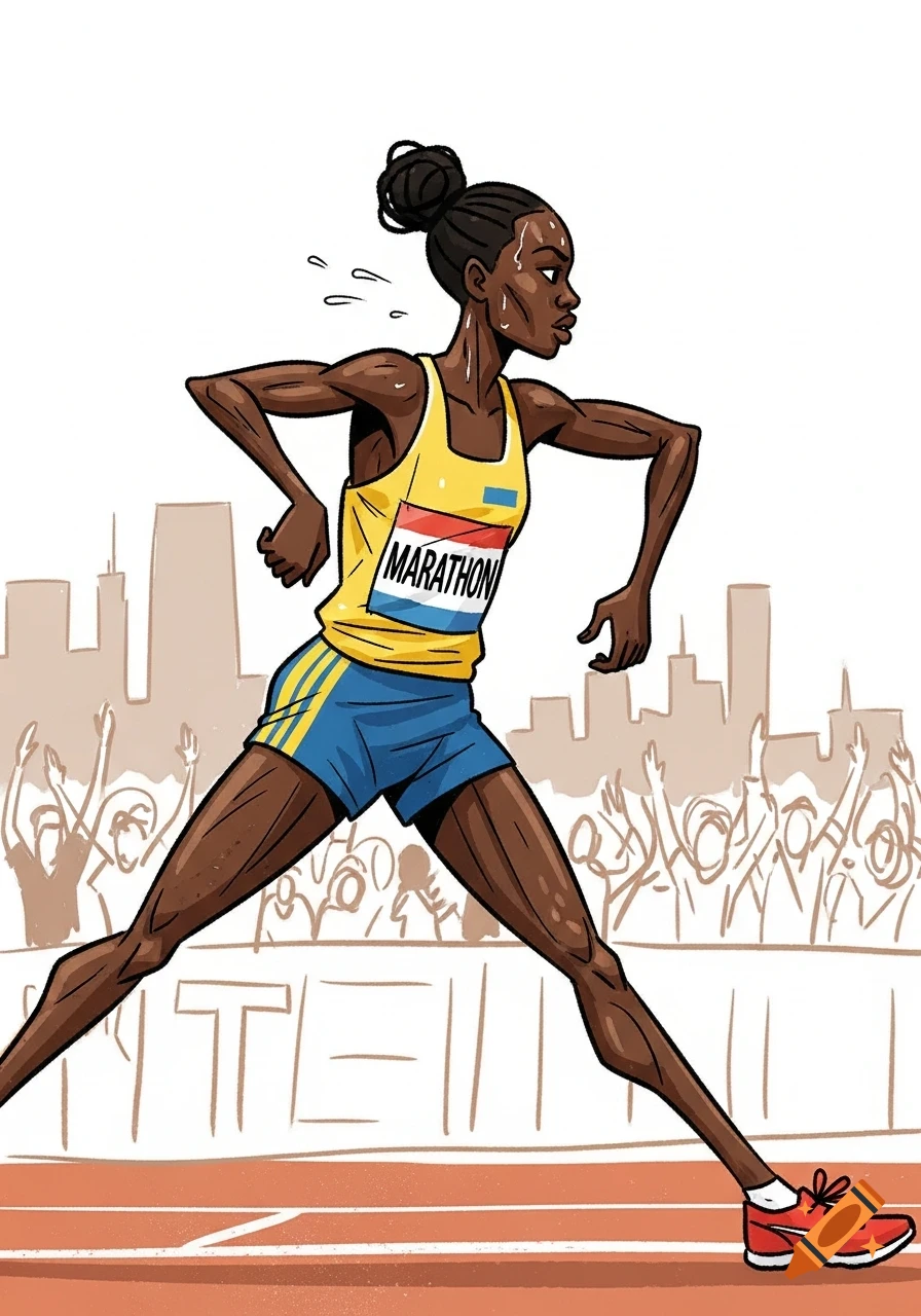 A cartoon illustration of a dark-skinned female marathon runner wearing a yellow singlet and blue shorts, sweating, with a city skyline and cheering crowd in the background.
