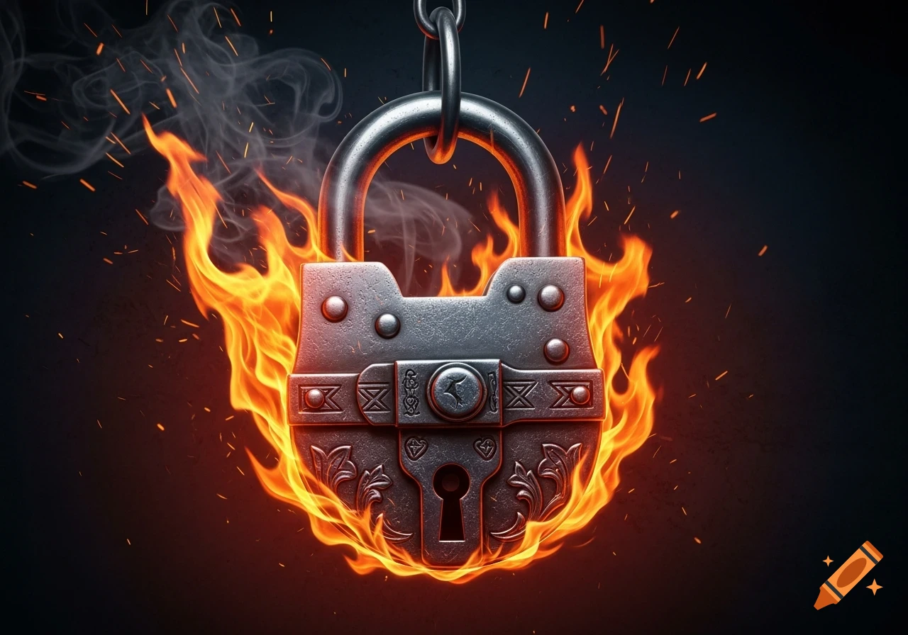 A heavy grey metal padlock, intricately designed, hangs from a chain, engulfed in bright orange and red flames with smoke and embers rising against a dark background.