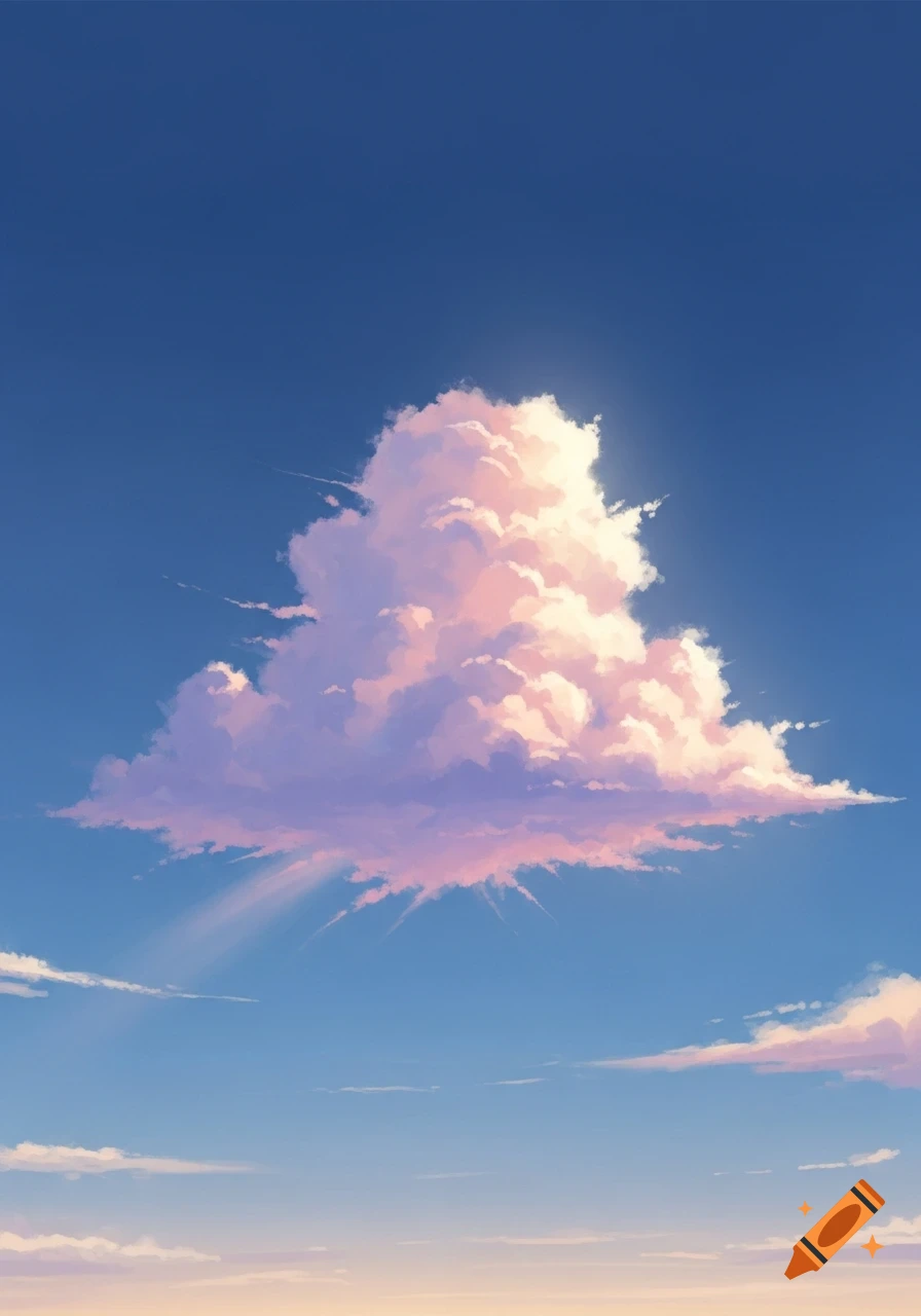 A large, fluffy cumulus cloud glows pink and white in a vibrant blue sky with sunbeams. Anime art style.