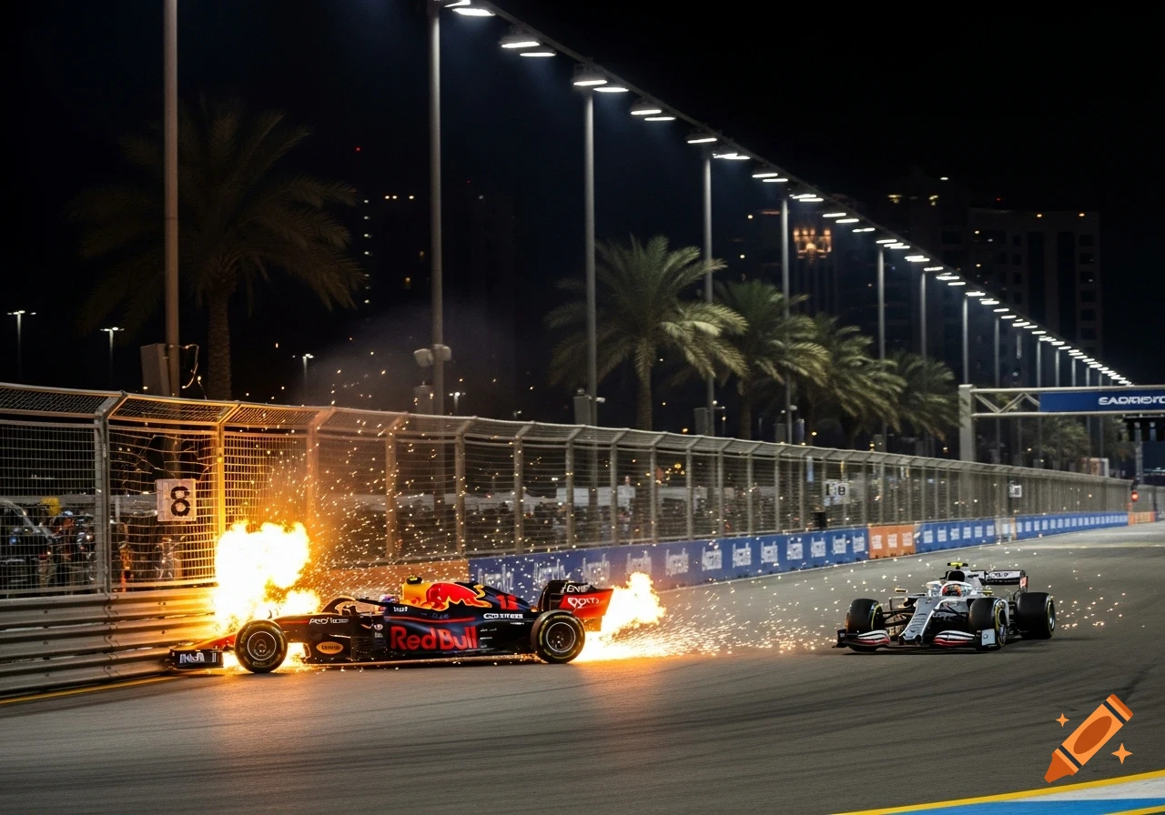 A Formula 1 car ablaze and sparking as it scrapes along a barrier at night on a race track, with another F1 car driving past.
