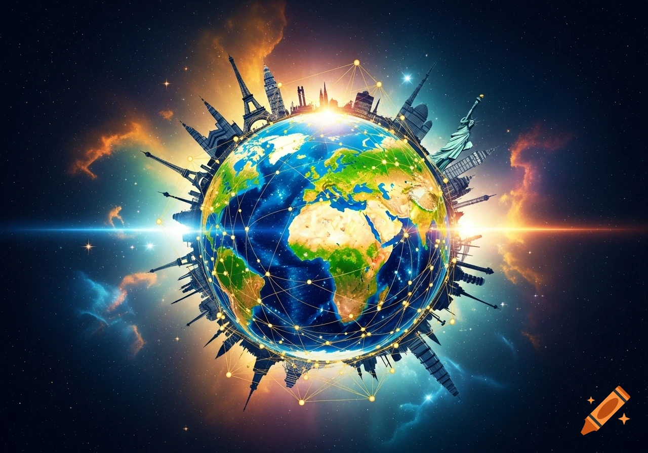 A vibrant illustration of Earth in space, surrounded by famous landmarks and a glowing network, symbolizing the international system.
