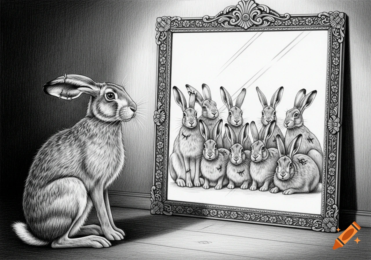 A hare with a bent ear and small scars sits before an ornate mirror, reflecting a group of several similarly scarred hares with bent ears in a black and white pencil drawing style.