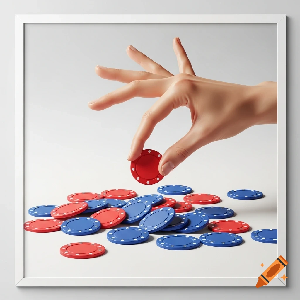 A photorealistic image of a hand picking up a red poker chip from a pile of red and blue chips on a white surface.