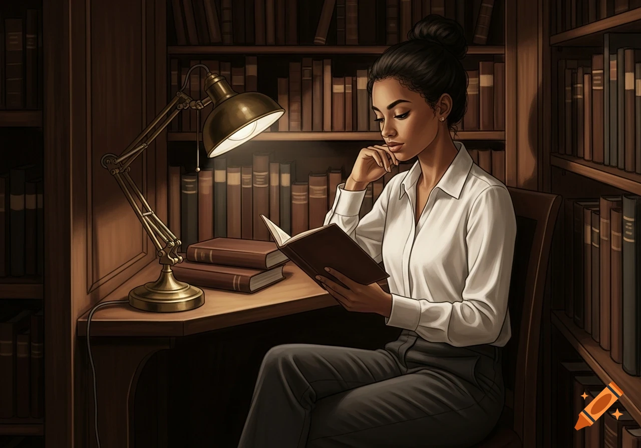An illustration of a young woman reading a book at a desk in a dimly lit library, illuminated by a desk lamp.