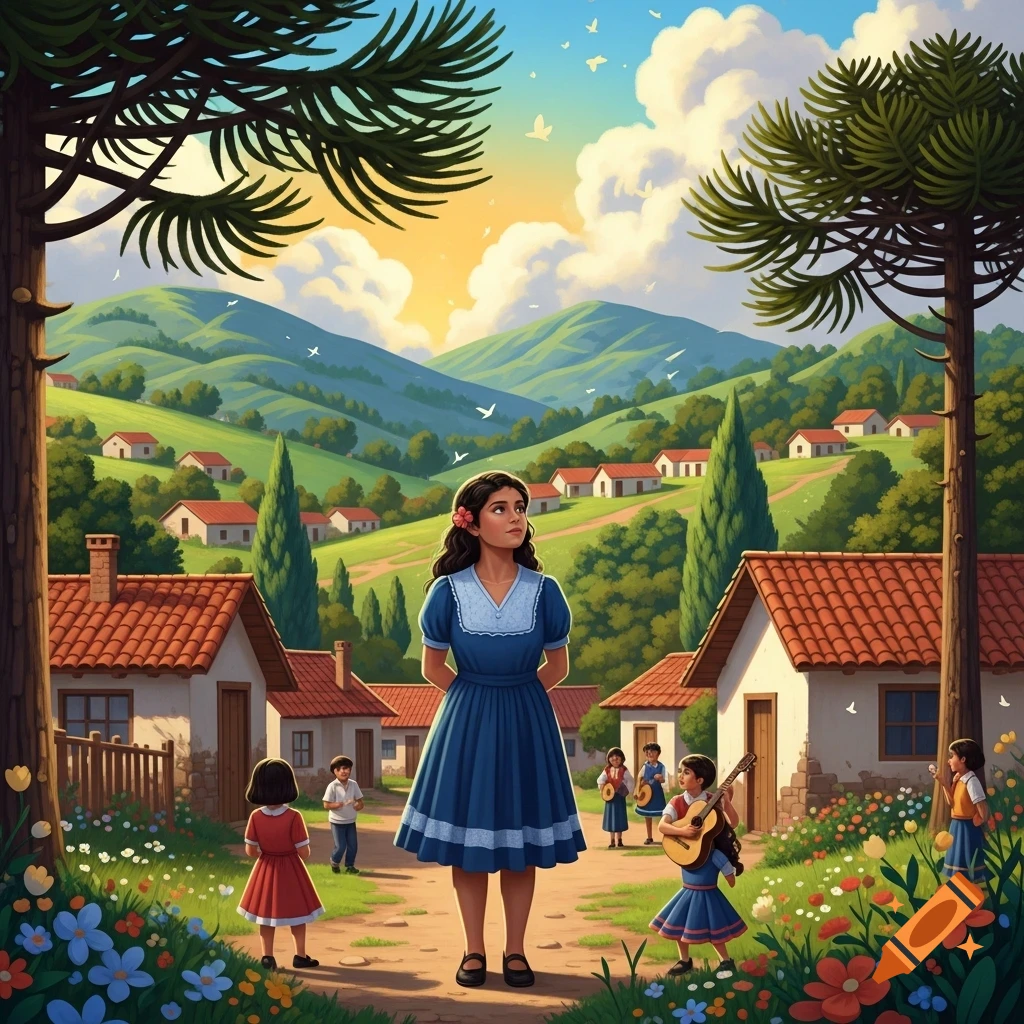 An illustrative scene of a woman and children on a village path, surrounded by houses, green hills, and colorful flowers under a sunny sky.